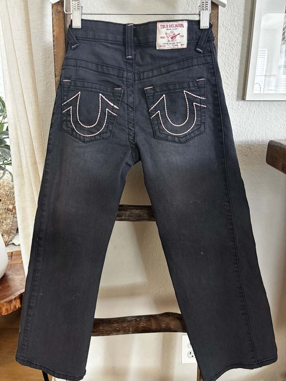 True Religion Leila Mid Rise Wide Leg Jeans in Washed Black with Pink Stitching
